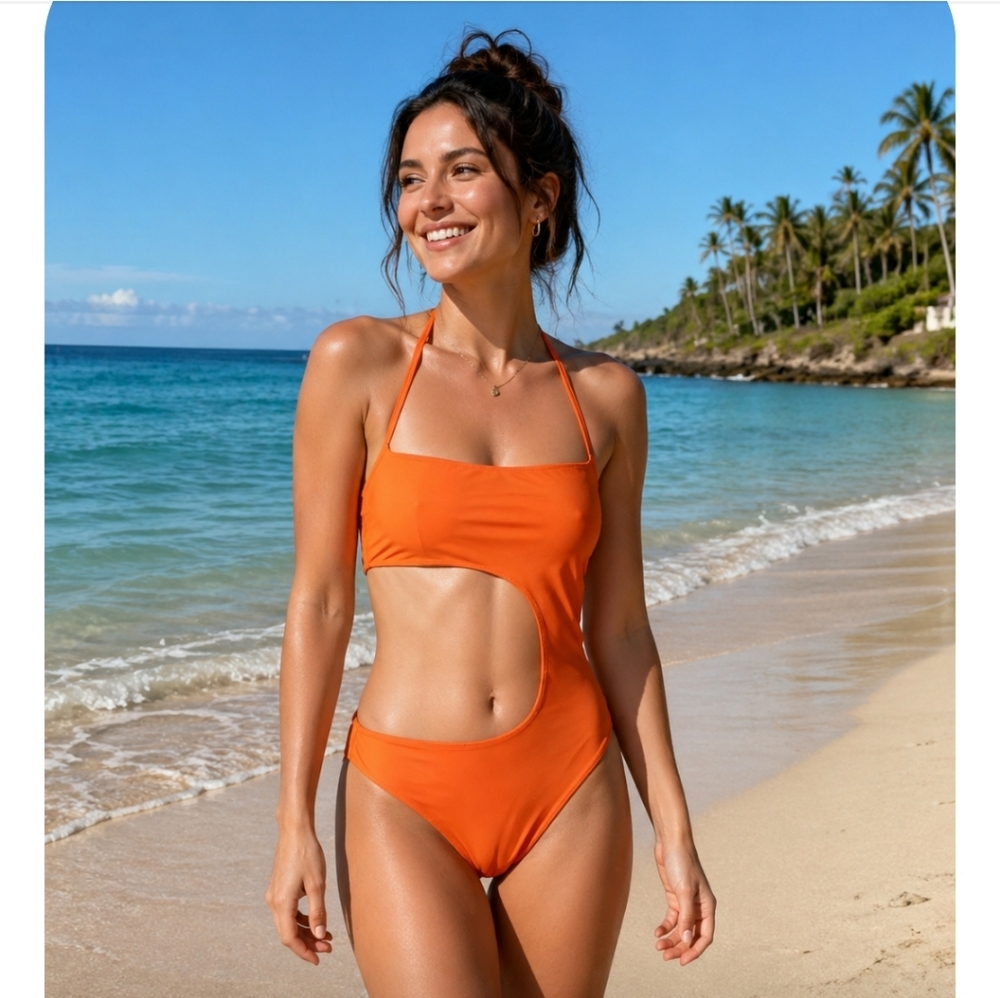 Bain de Soleil Orange Halter Cutout Swimsuit sz S Womens